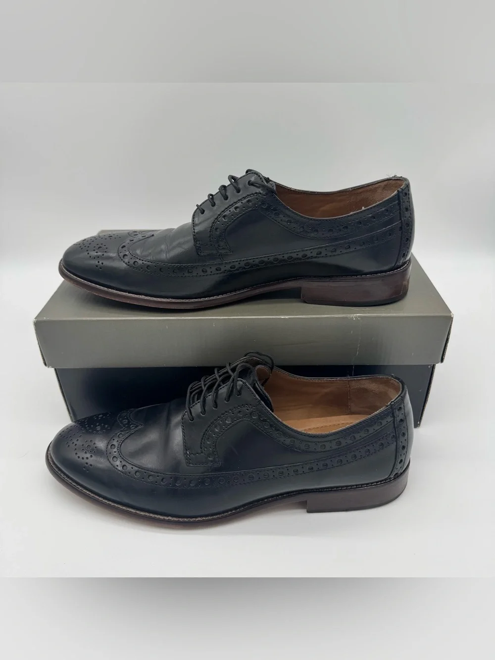 Johnston & Murphy Wingtip Oxford Shoes Brogue Black Leather Mens Size 10.5